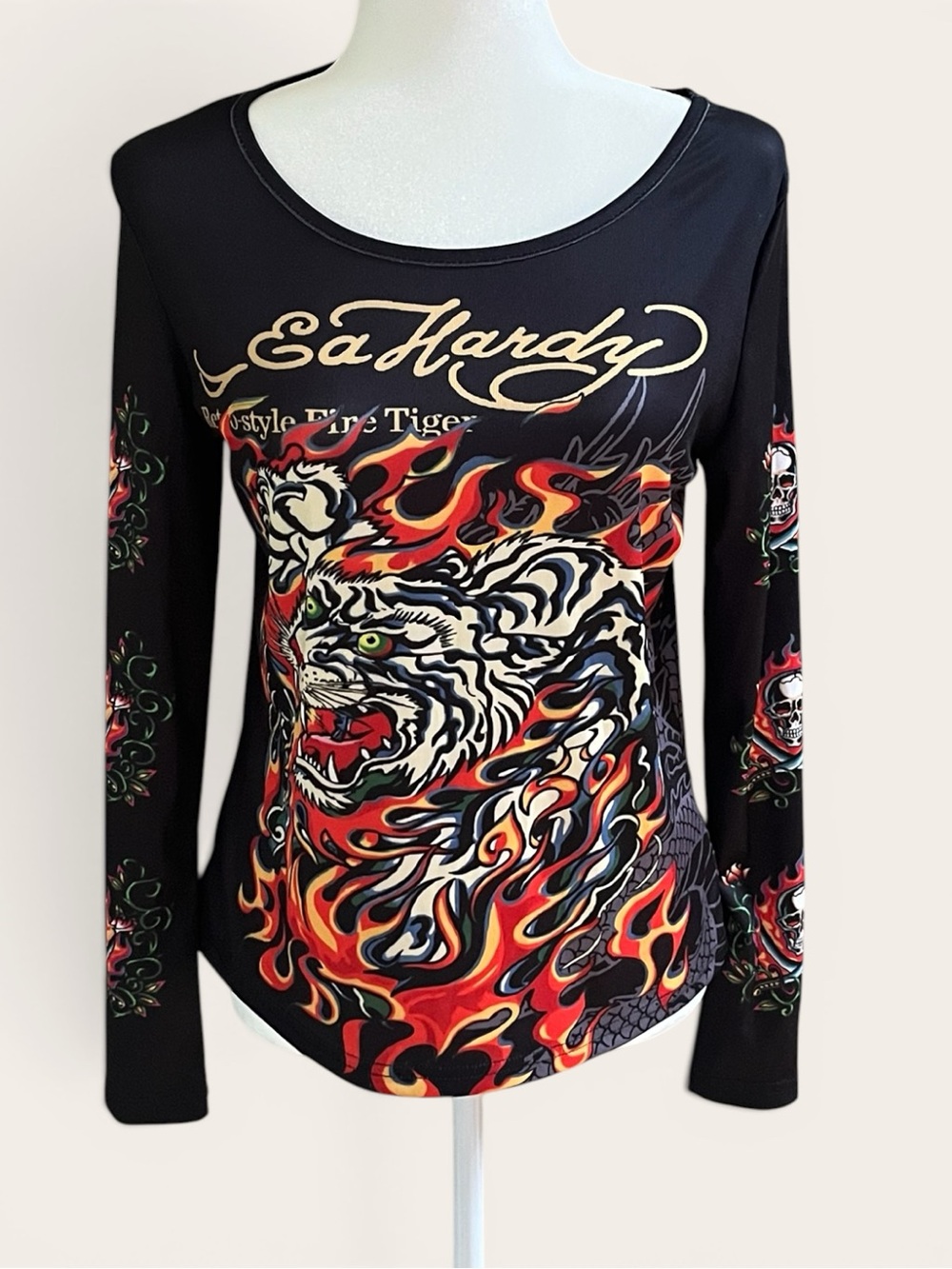 Vintage Style Tiger & Flame Graphic Long Sleeve Tee Y2K Mall Goth Tattoo
